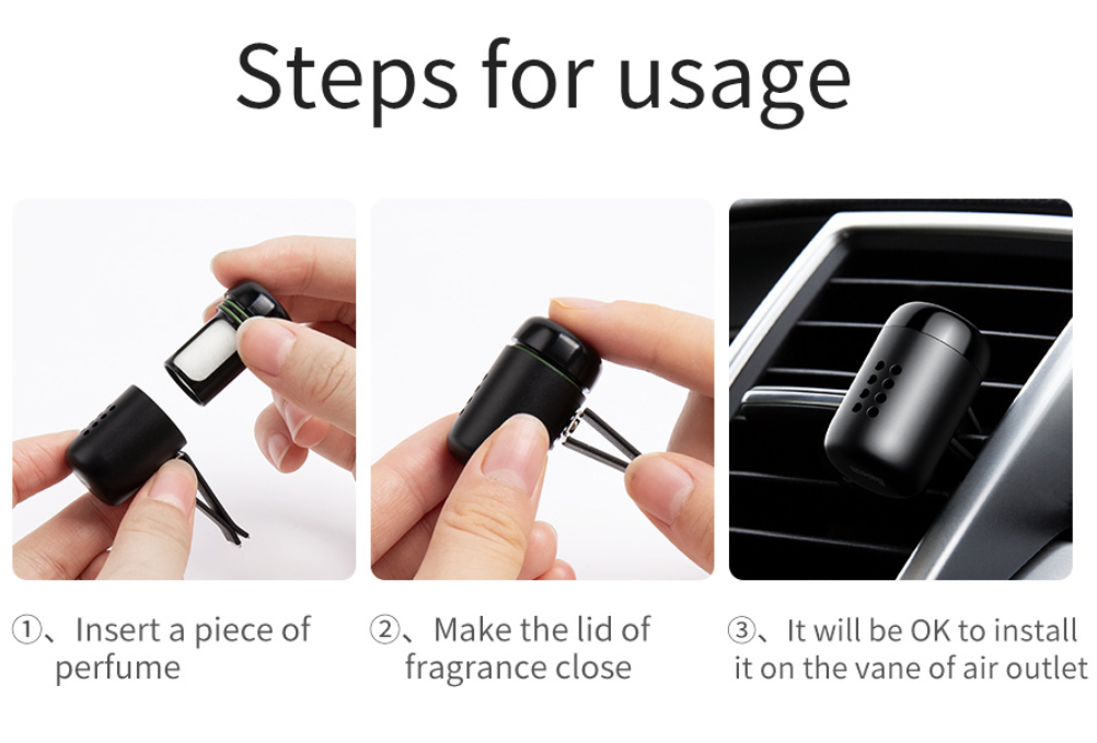 Steps to use ScentFrame car air freshener - insert fragrance, close lid, clip to vent