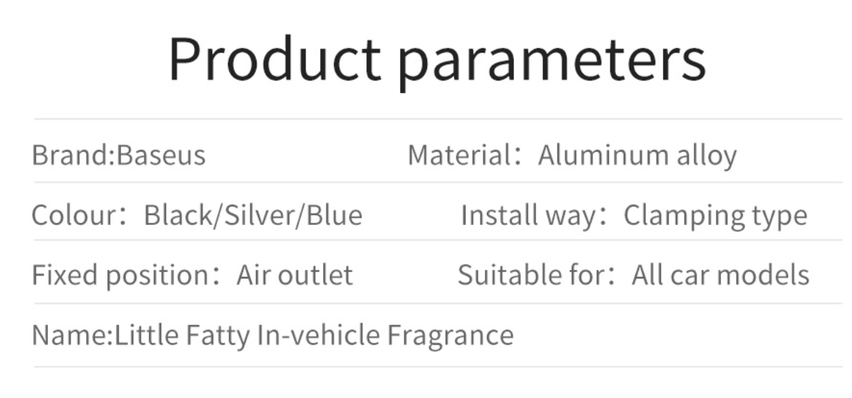 Product specifications for ScentFrame car air freshener - aluminum alloy, vent clip mount, fits all car models